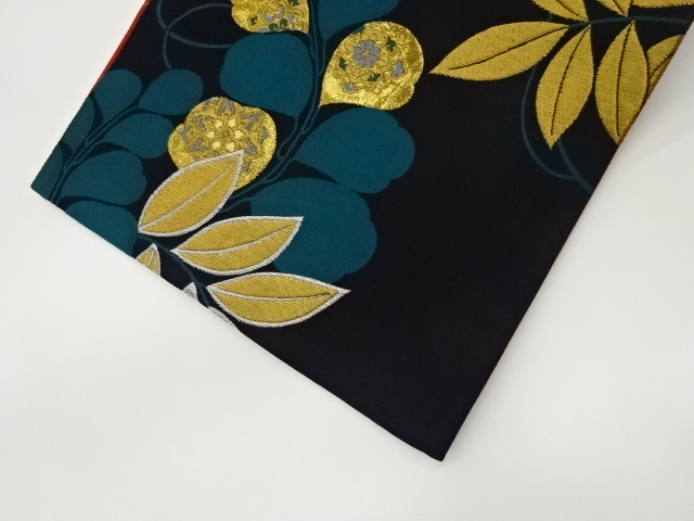  葉に華文模様織出し袋帯